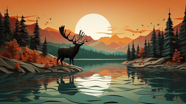Paper-cut style 3D render of a moose drinking from a mountain lake at sunrise, minimalist background,