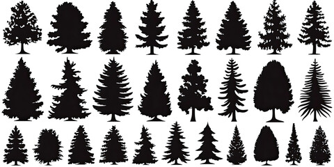Tree cut out white background, multiple trees shapes patterns graphic resource nature woodland, generated ai
