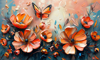 Vibrant Floral Tapestry with Radiant Blooms and Fiery Butterfly - obrazy, fototapety, plakaty