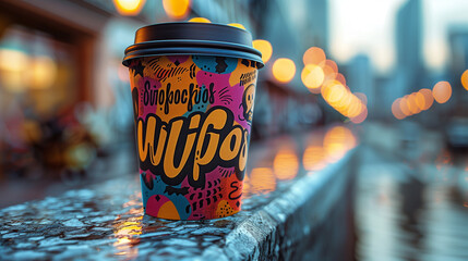 A coffee cup design showcasing graffiti-inspired typography amidst an urban landscape, bursting...
