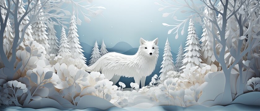 Minimalist paper-cut illustration of a fox in a snowy forest landscape, realistic 3D render,