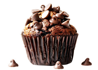 Chocolate muffin cupcake with chocolate isolated on transparent background. Png format