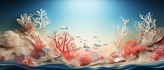 Paper-cut illustration of a coral reef bleaching event, minimalist 3D style, highly blurred oceanic background, - obrazy, fototapety, plakaty