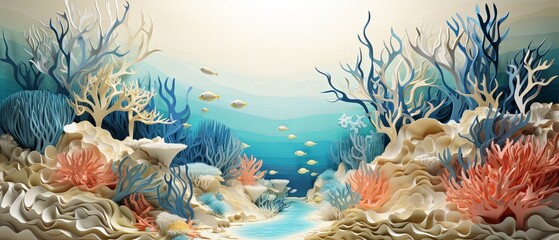 Paper-cut illustration of a coral reef bleaching event, minimalist 3D style, highly blurred oceanic background, - obrazy, fototapety, plakaty