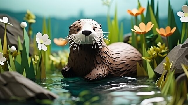 Minimalist paper-cut style of an otter in a river, realistic 3D render,