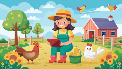 girl-working-in-farm--little-girl-and-chickens-at
