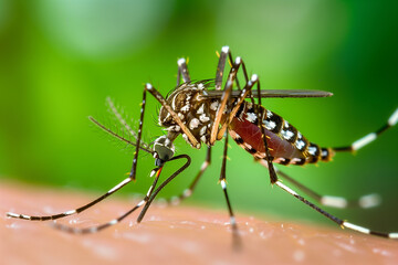 Dengue hemorrhagic fever, aedes mosquito sucking human blood on skin.