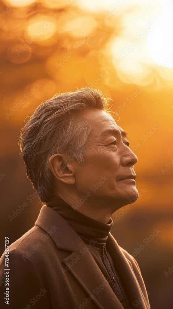 Sticker elegant senior man embracing sunset glow in autumn