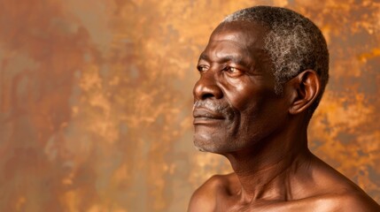 Fototapeta na wymiar Elderly African Man with Grey Hair on Textured Orange Background