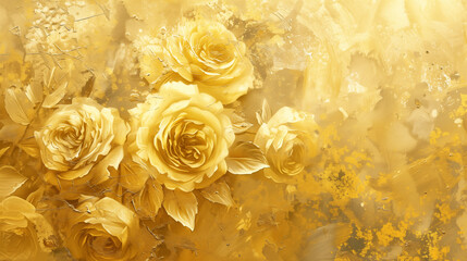 Art print with golden textures and golden roses as background. Freehand artistic oil painting.