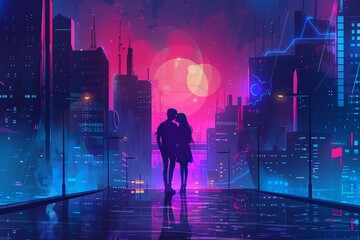 Craft a futuristic cityscape using CG 3D rendering Show a couple in a tender embrace under neon lights Experiment with dramatic birds-eye perspective