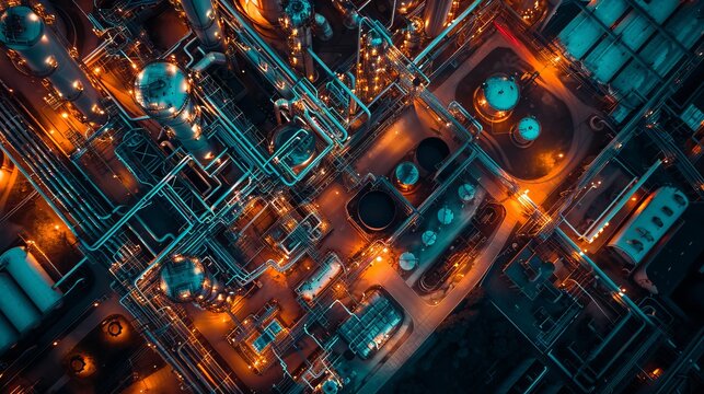 Aerial view of an oil refinery plant at night, emphasizing the industrial scale and environmental considerations of the oil and gas industry