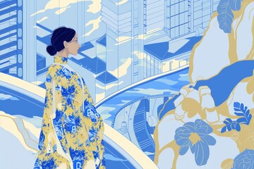 Illustrate futuristic technologies merging with avant-garde fashion trends in a digital rendering using pixel art techniques Explore bold color palettes and geometric patterns to enhance the futuristi