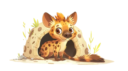 Foto op Canvas a Hyenas at a den, complete with a cute,The scene is set against a pure white background, emphasizing the character dynamic pose and the delightful expression of determination on its face,chibi illust © Sukifli.D
