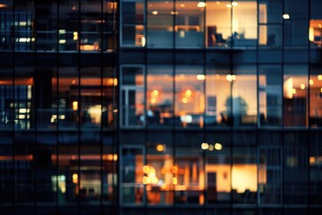 Blurred interior of a modern office building natural night light.
