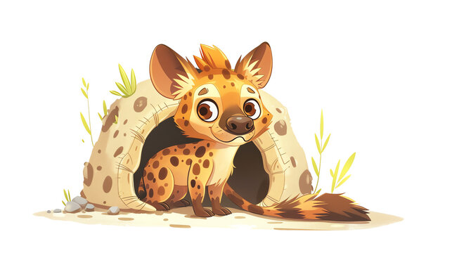 a Hyenas at a den, complete with a cute,The scene is set against a pure white background, emphasizing the character dynamic pose and the delightful expression of determination on its face,chibi illust