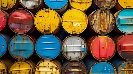 Oil barrels or chemical drums stacked up, indicating hazardous waste and the scale of hydrocarbon storage - obrazy, fototapety, plakaty