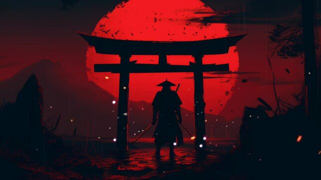 silhouette of a samurai in front of the torii gate at night with the moon in the background. Seamlessly looped animation.
