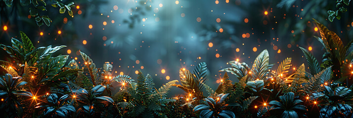 A Festive Jungle Christmas: Twinkling Lights Amidst Greenery for Your Design Needs