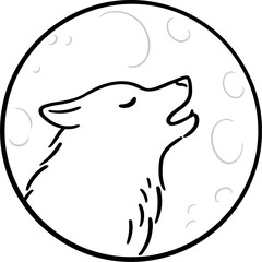 Wolf howling at moon, black and white line art drawing. Simple doodle of wolf head profile in circle. 