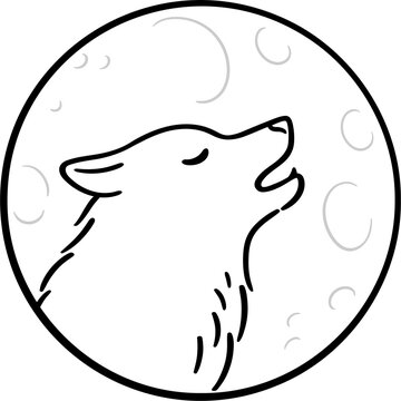recommend clip art: Wolf howling at moon, black and white line art drawing. Simple doodle of wolf head profile in circle. 
