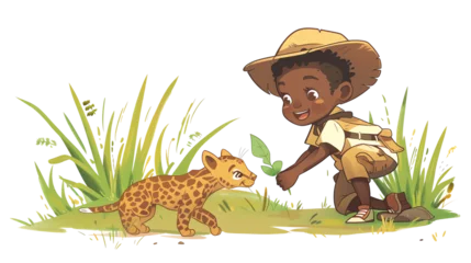Foto op Canvas a Bushman tracking wildlife, complete with a cute,The scene is set against a pure white background, emphasizing the character dynamic pose and the delightful expression of determination on its face,ch © Sukifli.D