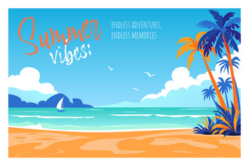 Fototapeta na wymiar Summer Adventure and Travel concept design. Typography Letter and tropical beach with palm trees