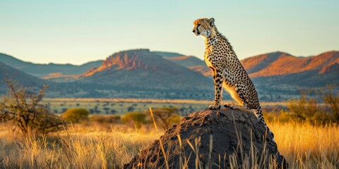 A cheetah poised on a termite mound, surveying the vast savanna, the panoramic view encompassing the vibrant colors of the setting sun against the mountains. - 784589173