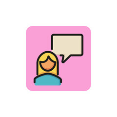 Line icon of female user with speech bubble. Customer support, online help, chat. Internet communication concept. Can be used for web design, mobile app and pictogram