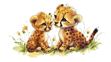 Deurstickers a Cheetah cubs playing, complete with a cute,The scene is set against a pure white background, emphasizing the character dynamic pose and the delightful expression of determination on its face,chibi i © Sukifli.D