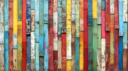 Multicolored Wooden Fence Painted Red, Yellow, Blue, Green
