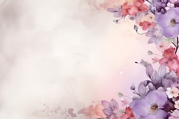 Fototapeta na wymiar Elegant floral watercolor illustration with a blend of pink and purple flowers, leaves, and soft pastel background, perfect for wedding designs and invitations with copy space