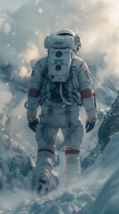 Astronaut strides through a snowy alien terrain. Generative AI