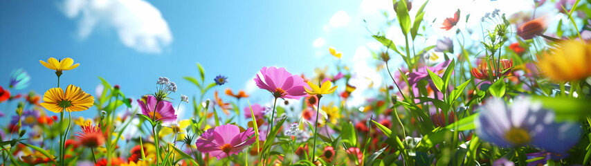 Closeup of summer meadow with colorful flowers, blue sky and sunshine in the background. - 784589709