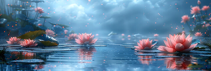 Indigo Sky Blue Lotus Pond Scene with Cobalt Specks and Fluffy Clouds - obrazy, fototapety, plakaty