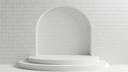 An empty round white podium against a brick wall, minimalism is a showcase for displaying goods. 3D rendering.