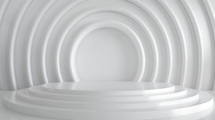 An empty platform with steps, on the background of a white arch, minimalism. A platform for product demonstrations.  A stage showcase.