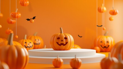 Orange Halloween background with pumpkins, empty podium with steps. The layout of the platform for product demonstration.