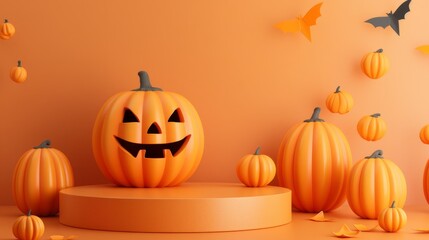 Orange Halloween background with pumpkins, empty podium with steps. The layout of the platform for product demonstration.