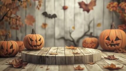 Halloween pumpkins on a gloomy wooden background, an empty podium. The layout of the platform for product demonstration.