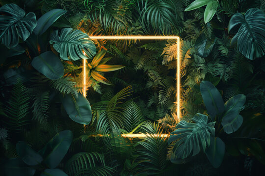 Gold neon frame background with empty space inside, among tropical jungle foliage