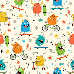 Seamless pattern of funny colorful monsters riding skateboards, scooters and bicycles. Baby, kids boy wrapping paper, textile design.