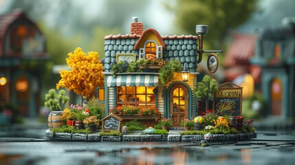 Miniature house on island in city urban design art
