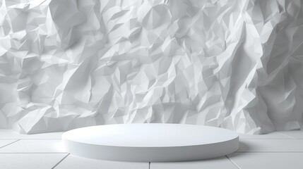 An empty round podium on a background of crumpled white paper, minimalism is a showcase for displaying goods. 3D rendering.