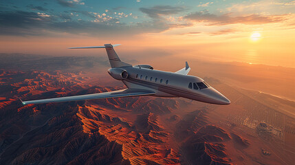 Private jet flying over mountains in beautiful sunset light.