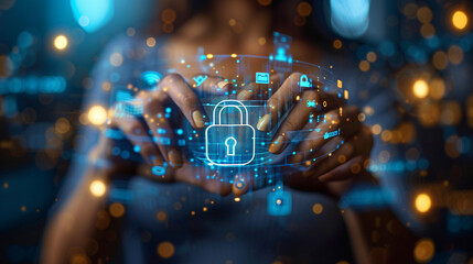 Data protection and cyber security. A close-up of hands with a padlock icon on the symbol of security.