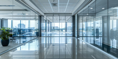 Modern corporate office hallway with glass walls and a potted plant in the center of the room