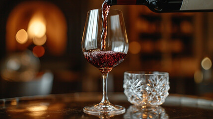 Pouring red wine into a glass on a blurred background.