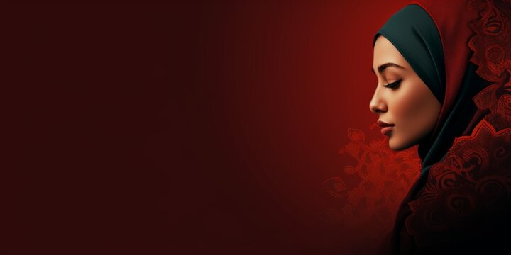 beautiful arabic person on a dark red background with arabic pattern and lot of negative space, banner for Arabic american Heritage Month 