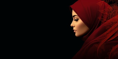 beautiful arabic person on a dark red background with arabic pattern and lot of negative space, banner for Arabic american Heritage Month  - obrazy, fototapety, plakaty